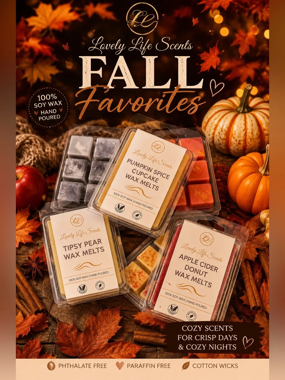 Hand Crafted Premium Soy Fall Scented Wax Melts from Lovely Life Scents